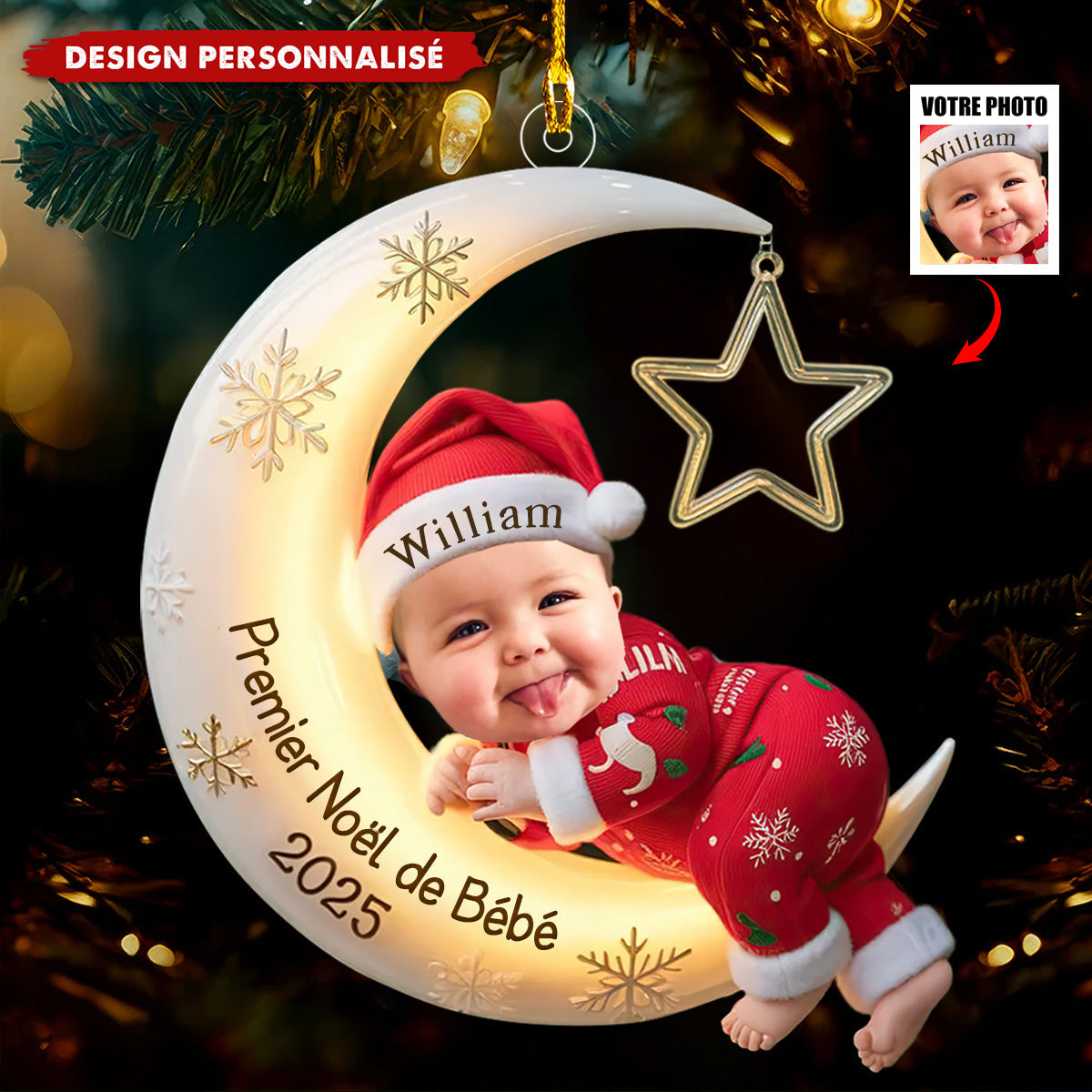 Ornement de Noël Personnalisée – Bébé sur la Lune, Premier Noël 2025