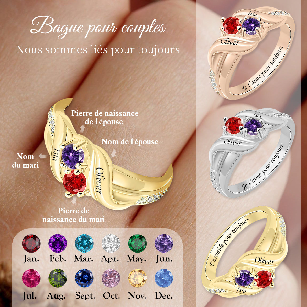 Toujours & Pour Toujours - Bague de Promesse Personnalisée avec Pierres de Naissance pour Couple