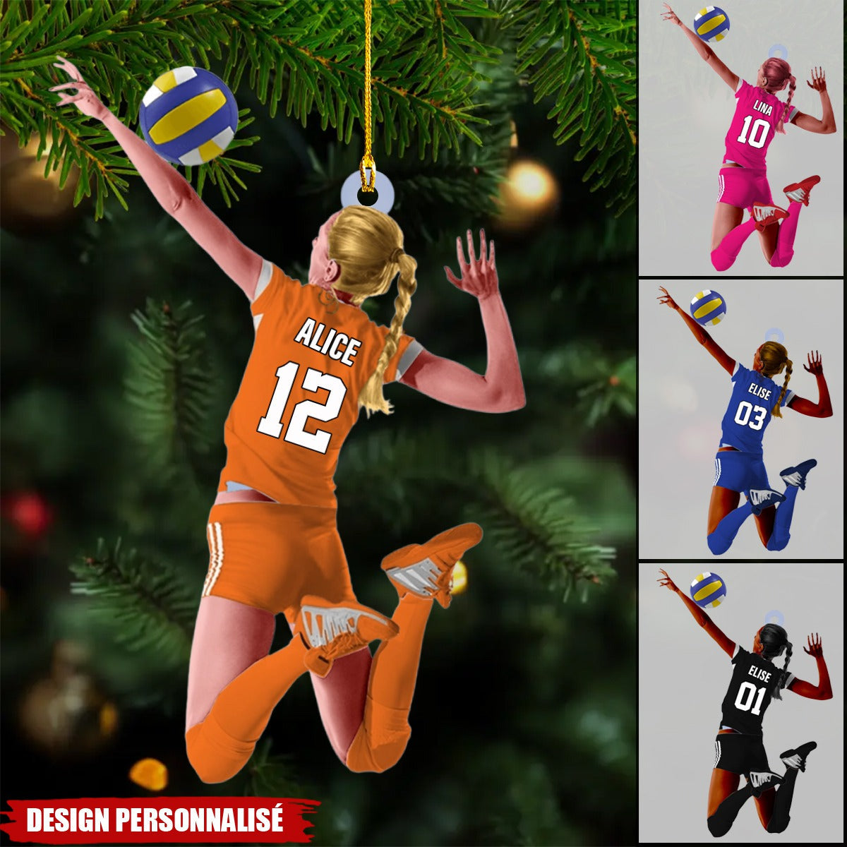 Ornement de Noël Personnalisé – Joueuse de Volley-Ball avec Nom et Numéro
