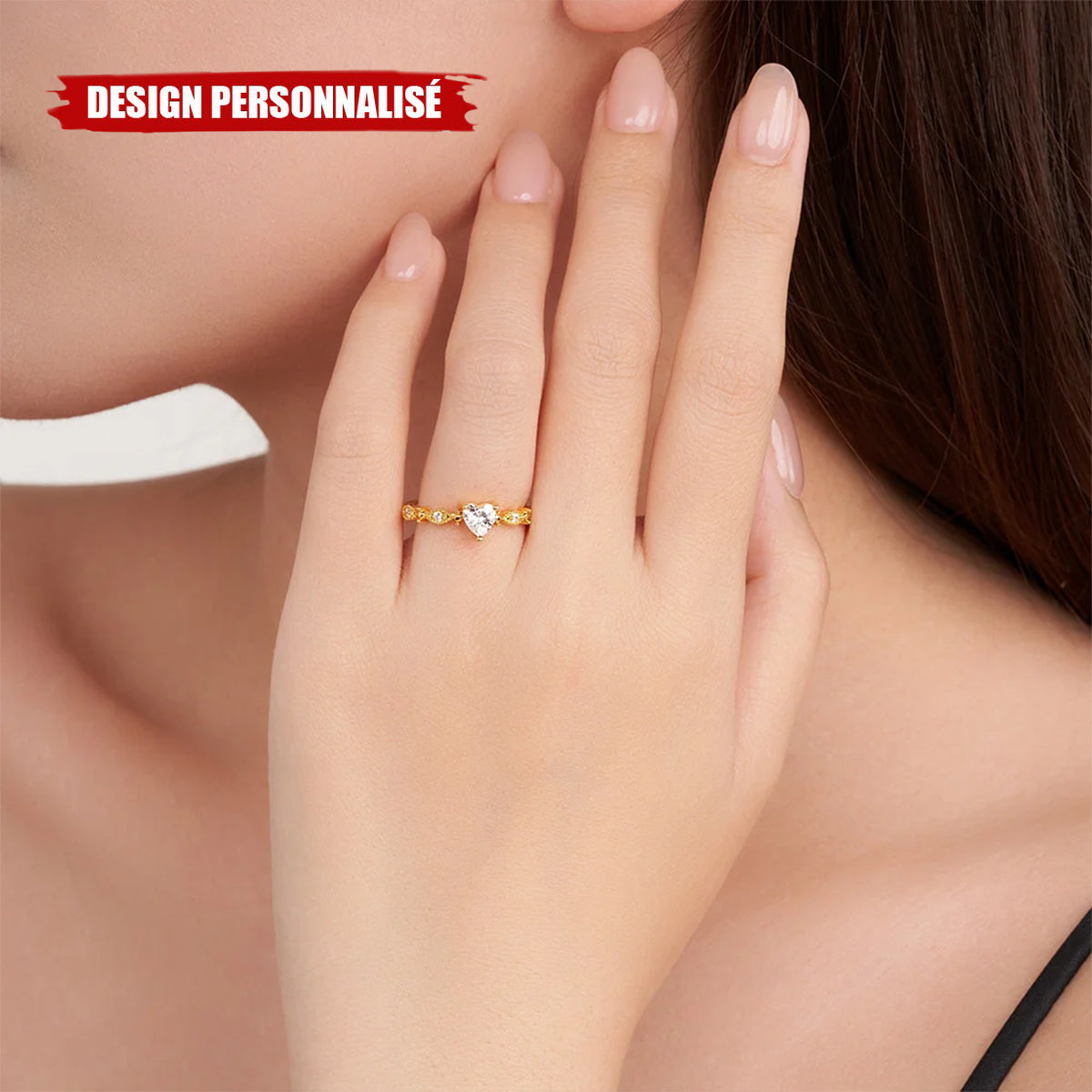 Bague Personnalisée avec Pierre de Naissance – Design Cœur Élégant et Gravure Prénom