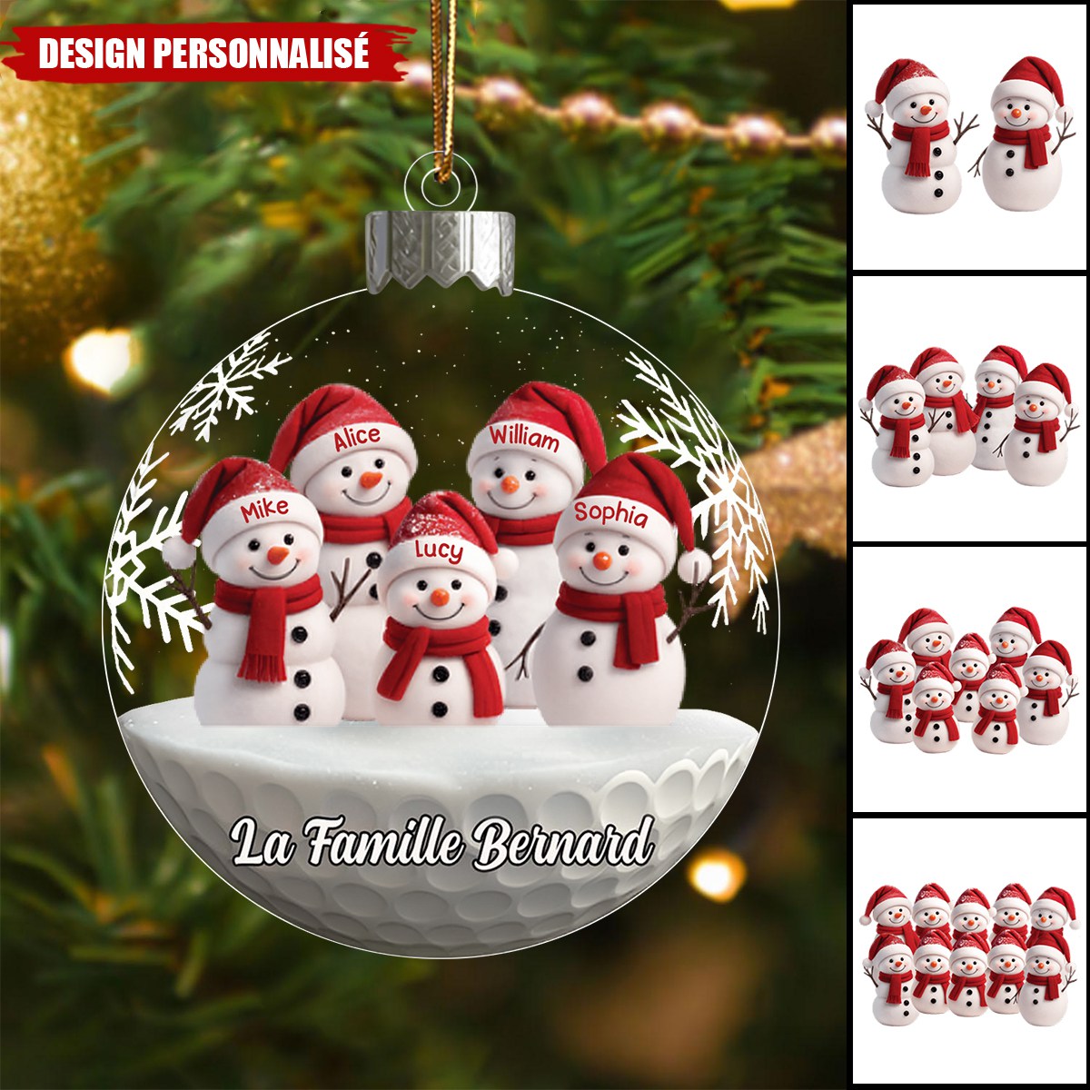 Ornement de Noël Personnalisée – Famille de Bonhommes de Neige avec Prénoms