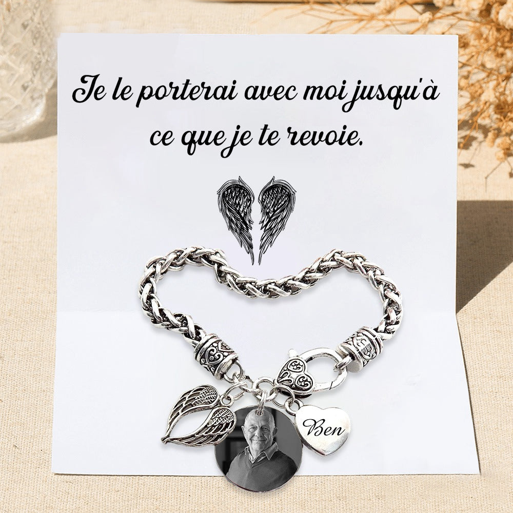 Bracelet Coeur et Ailes commémoratif 1 Prénom Personnalisé avec photo Bracelet Personnalisé
