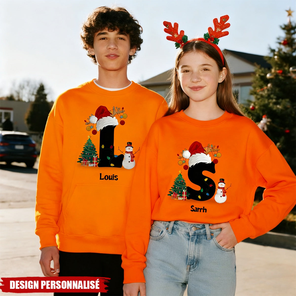 Sweat de Noël Personnalisé à Col Rond – Cadeau Unique pour Famille ou Couple