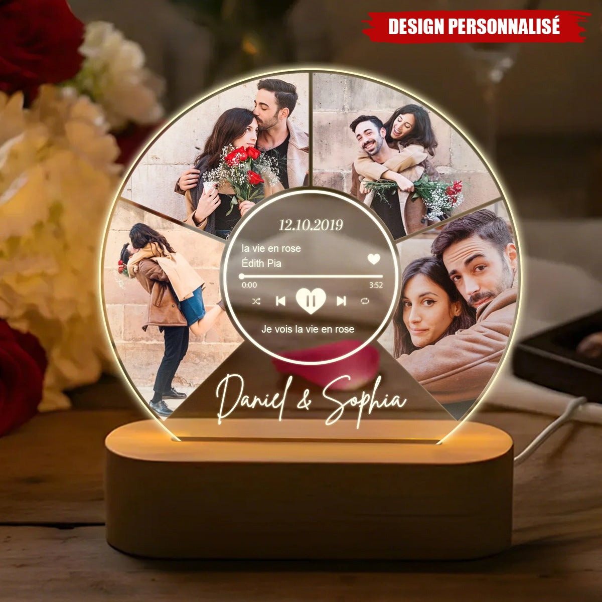 Lampe LED musicale personnalisée avec photos de couple – Cadeau de Saint-Valentin pour couple
