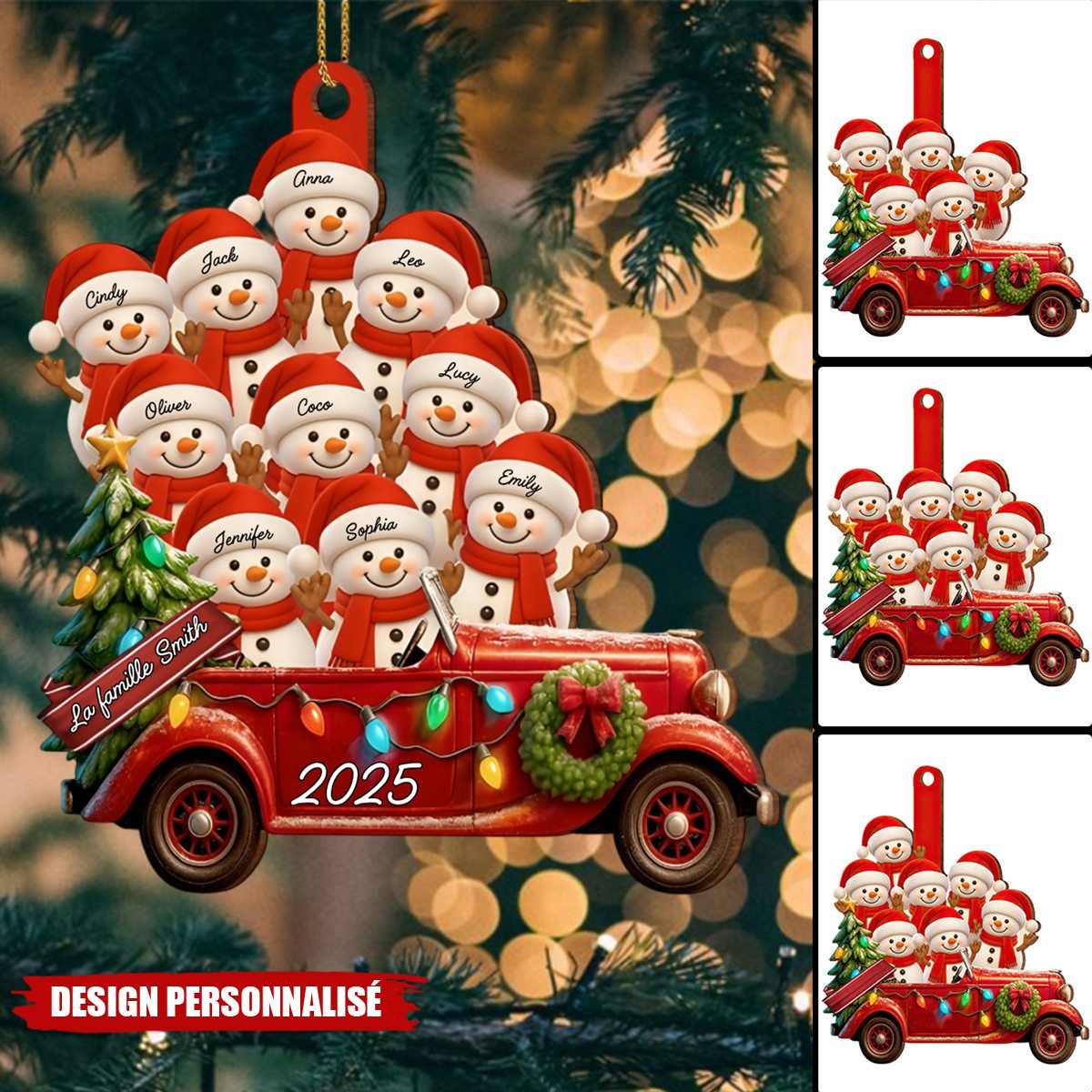Suspension de Noël Personnalisée – Famille Bonhommes de Neige en Voiture Vintage