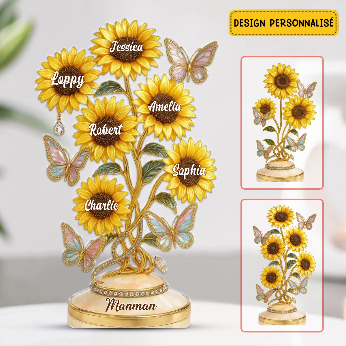 Cadeau Personnalisé pour Mamie - Sculpture de Tournesols avec Noms des Petits-Enfants