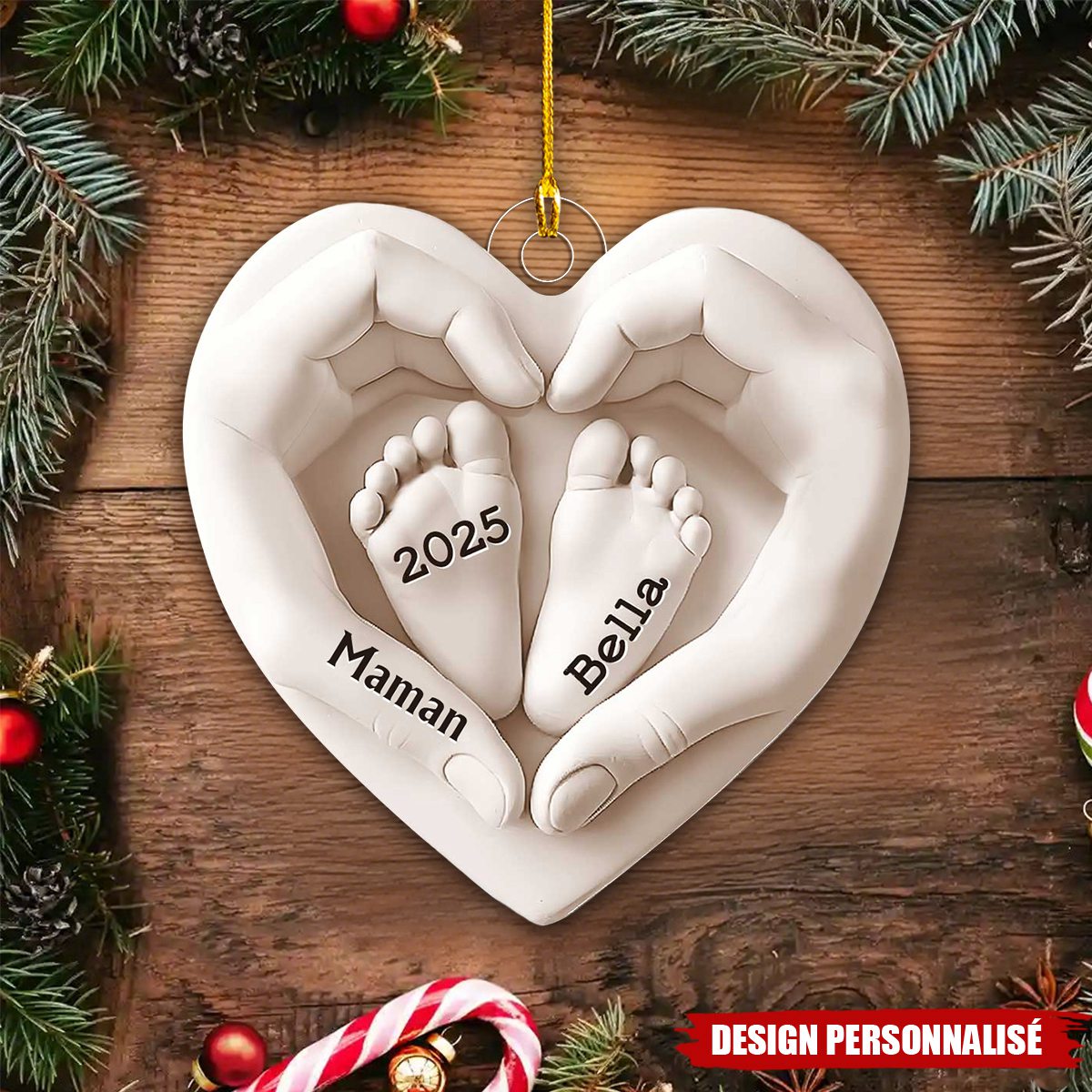 Ornement Cœur Personnalisé avec Empreintes de Pieds de Bébé – Cadeau Souvenir pour Nouveaux Parents
