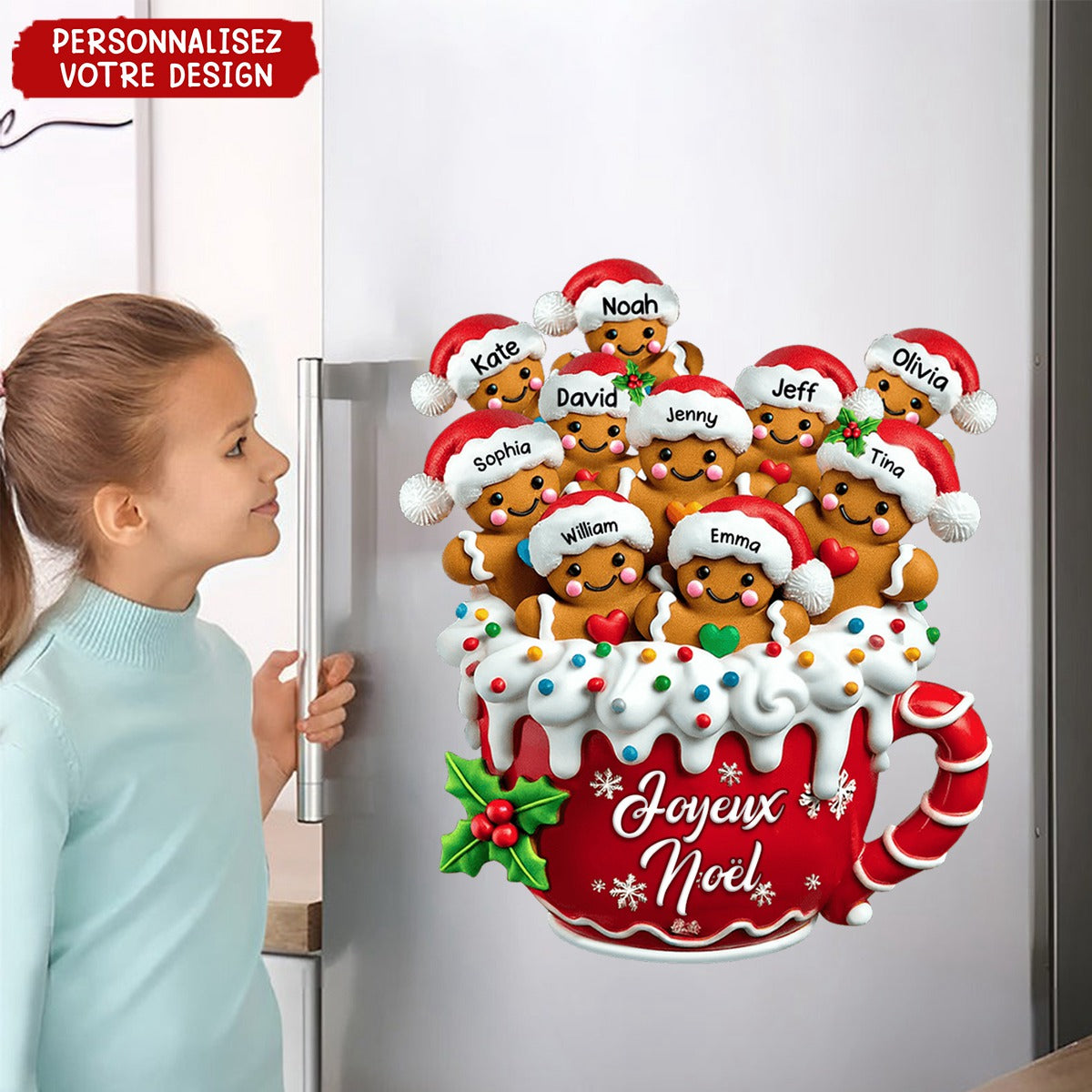 Aimant de Réfrigérateur de Noël Personnalisé – Tasse Pain d’Épices avec Prénoms