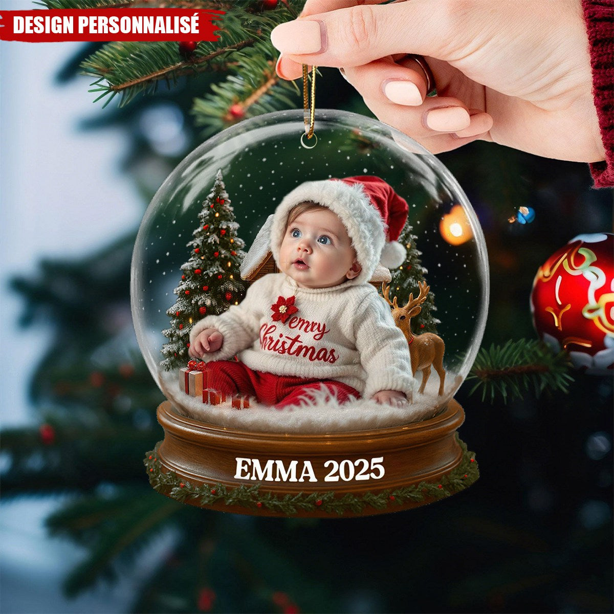 Ornement Acrylique Personnalisé - Premier Noël de Bébé avec Costume du Père Noël et Renne