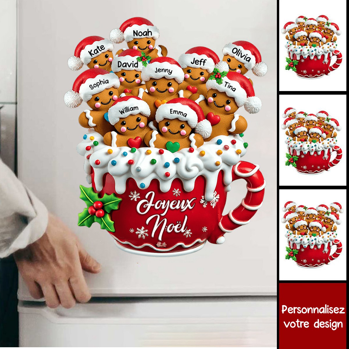 Aimant de Réfrigérateur de Noël Personnalisé – Tasse Pain d’Épices avec Prénoms