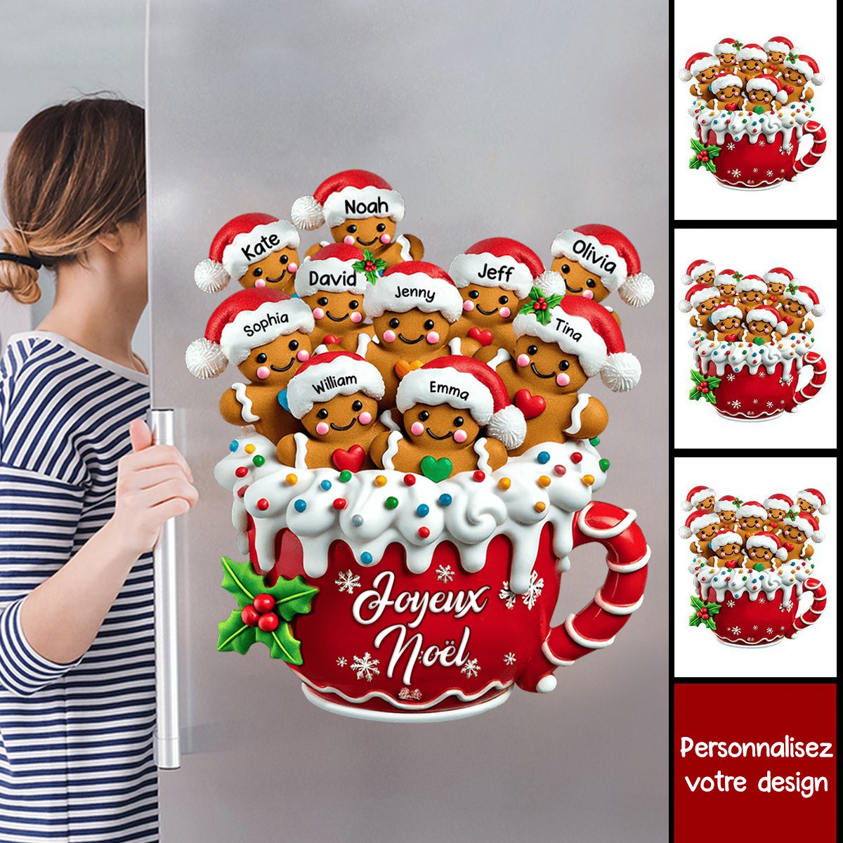 Aimant de Réfrigérateur de Noël Personnalisé – Tasse Pain d’Épices avec Prénoms
