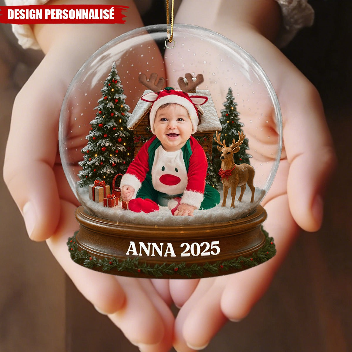 Ornement Acrylique Personnalisé - Premier Noël de Bébé avec Costume du Père Noël et Renne