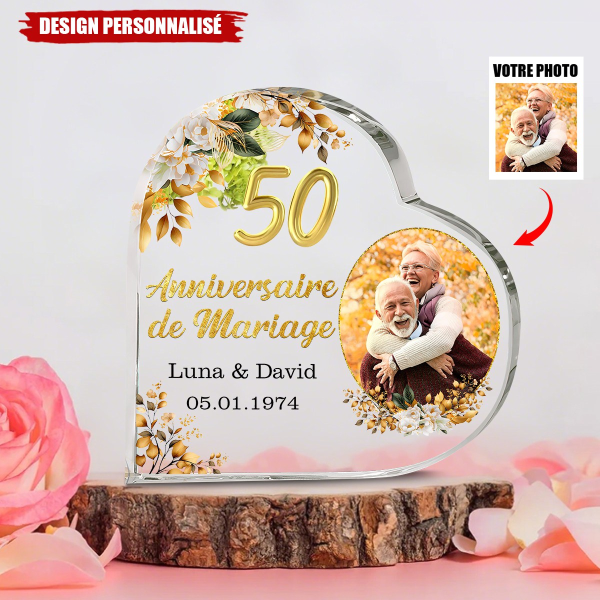 Plaque Photo Cœur Personnalisée — Cadeau d’Anniversaire de Mariage Pour le Couple