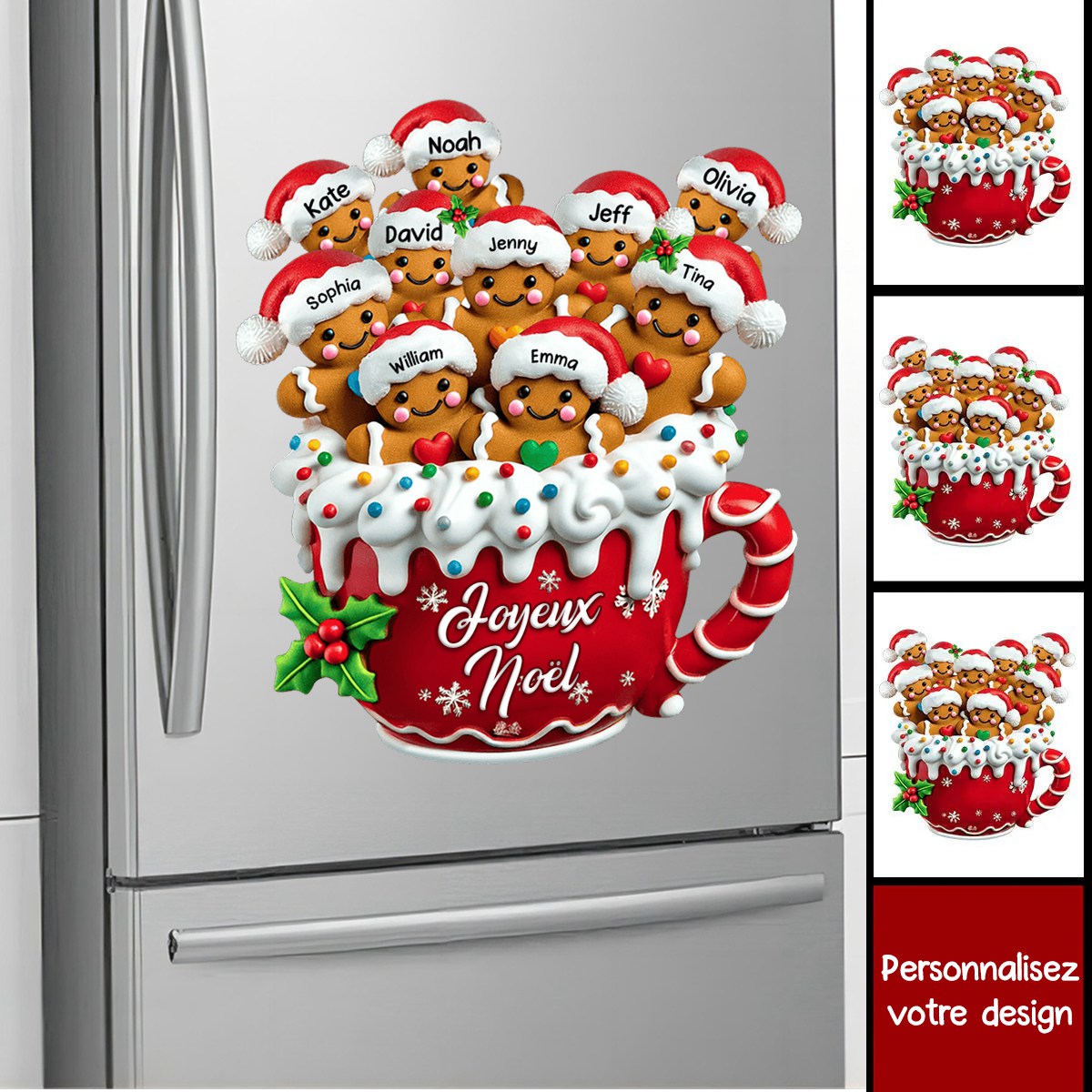 Aimant de Réfrigérateur de Noël Personnalisé – Tasse Pain d’Épices avec Prénoms