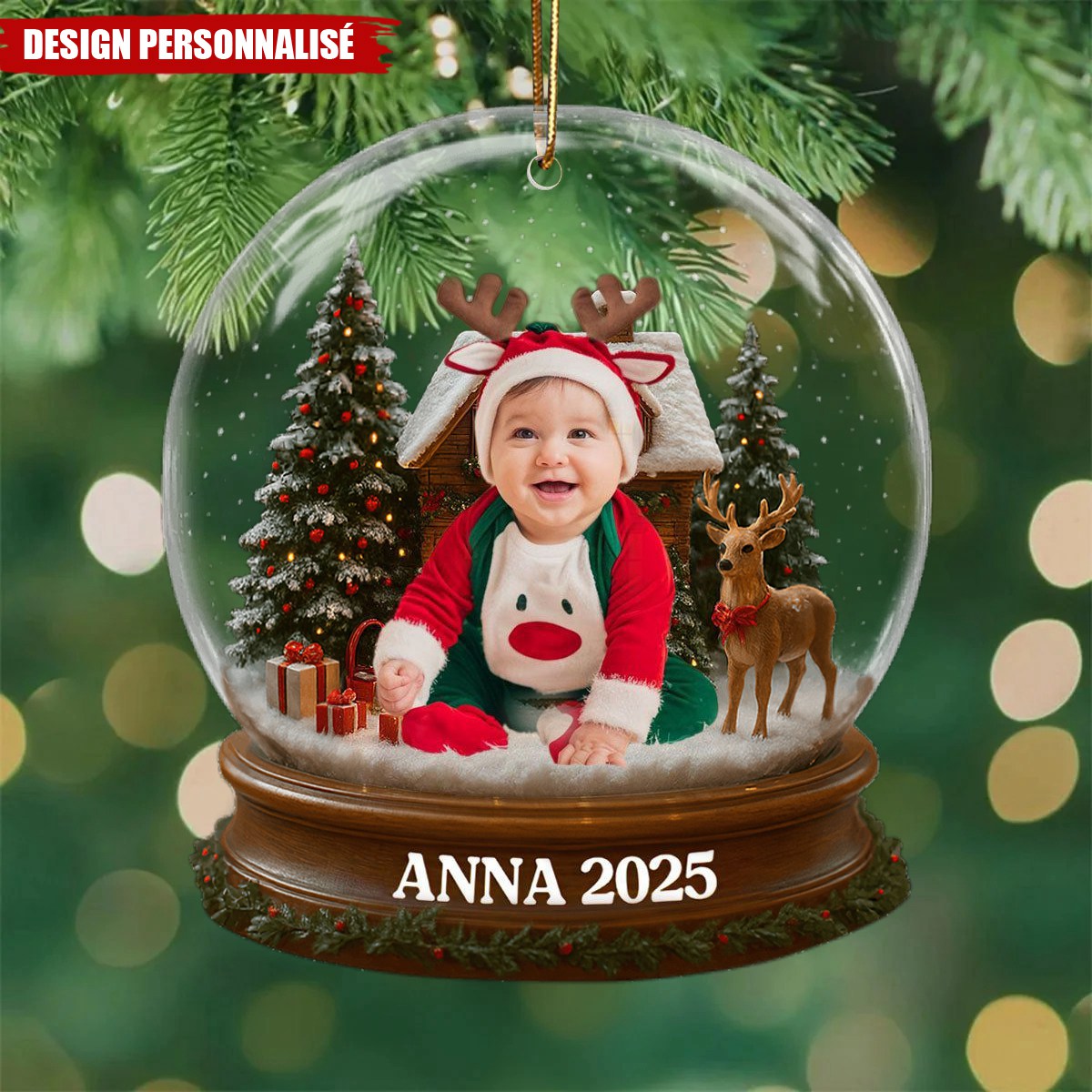 Ornement Acrylique Personnalisé - Premier Noël de Bébé avec Costume du Père Noël et Renne