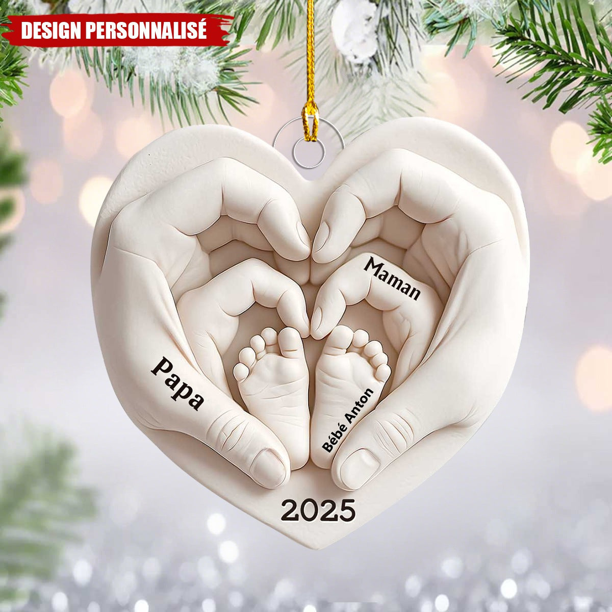 Ornement Cœur Personnalisé avec Empreintes de Pieds de Bébé – Cadeau Souvenir pour Nouveaux Parents