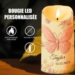 Bougie LED Personnalisée aux Papillons et Roses - Cadeau en Mémoire
