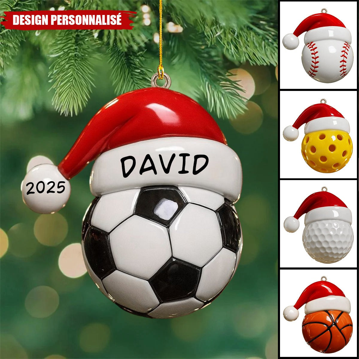 Ornement de Noël en Bois Personnalisé – Style Sportif avec Nom et Année