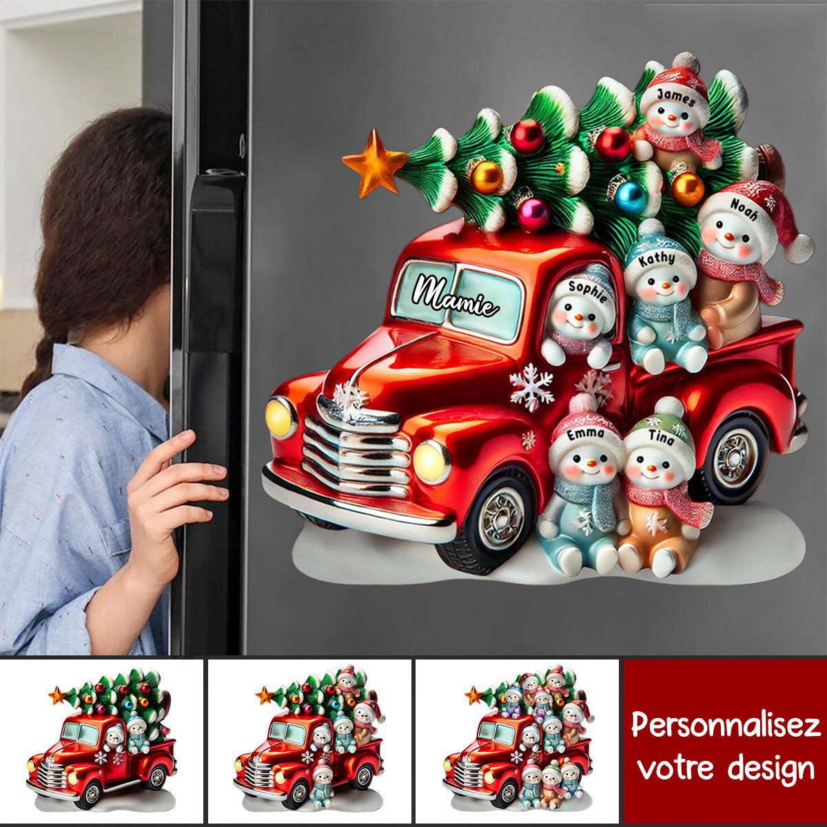 Aimant de Réfrigérateur de Noël Personnalisé – Camion Rouge avec Bonhommes de Neige et Prénoms