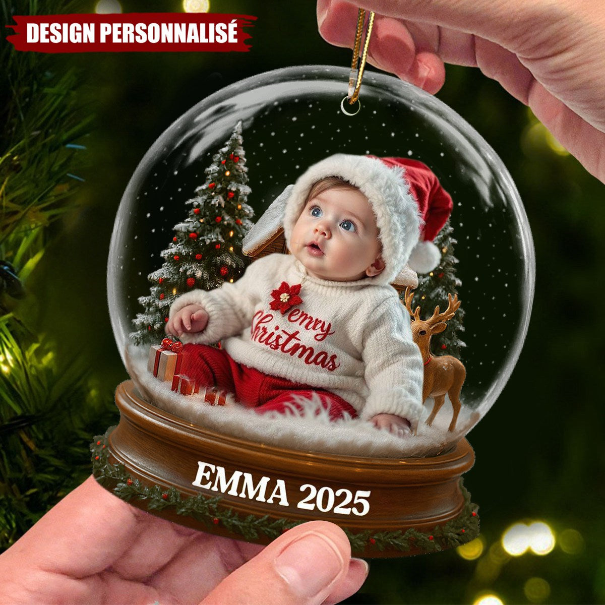 Ornement Acrylique Personnalisé - Premier Noël de Bébé avec Costume du Père Noël et Renne