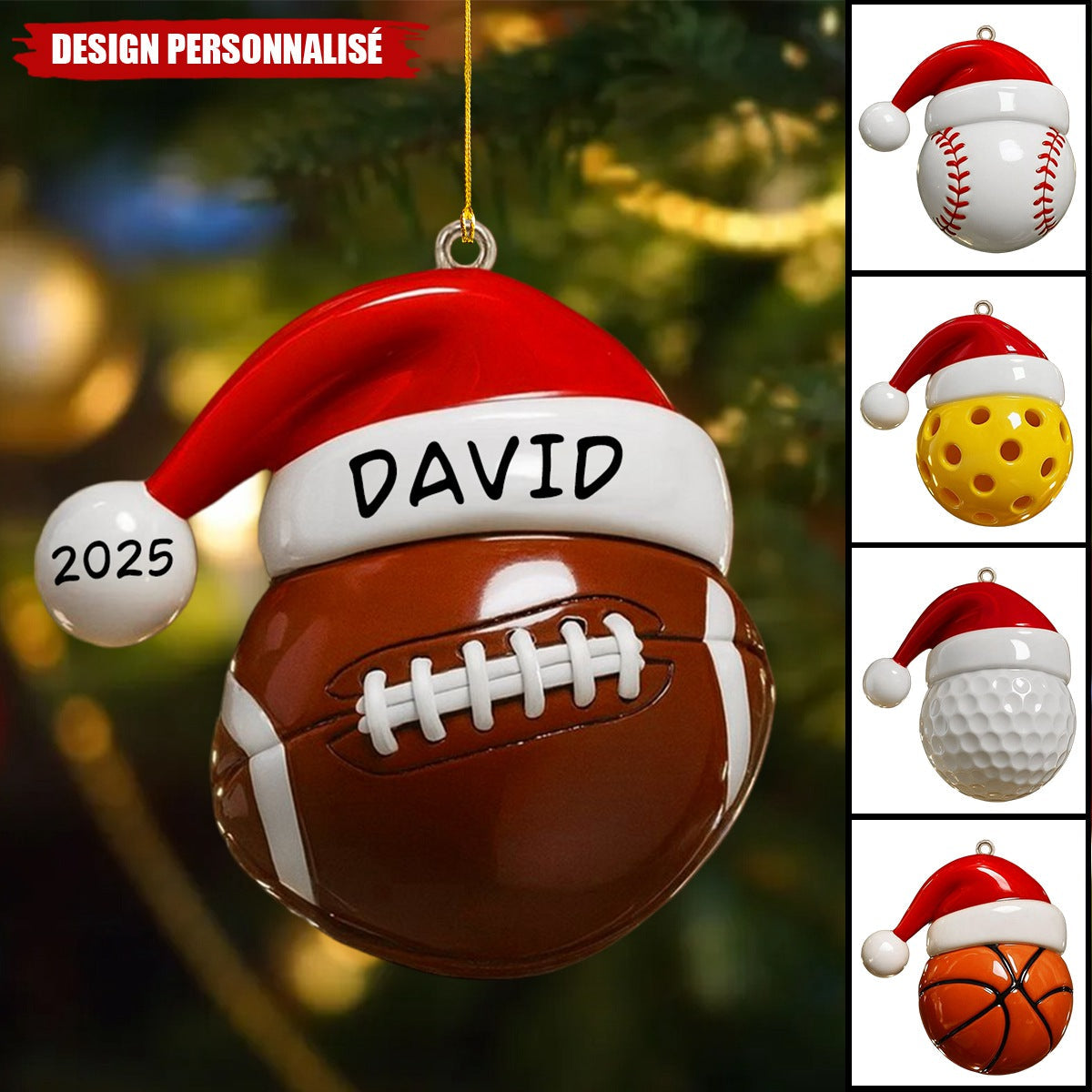 Ornement de Noël en Bois Personnalisé – Style Sportif avec Nom et Année