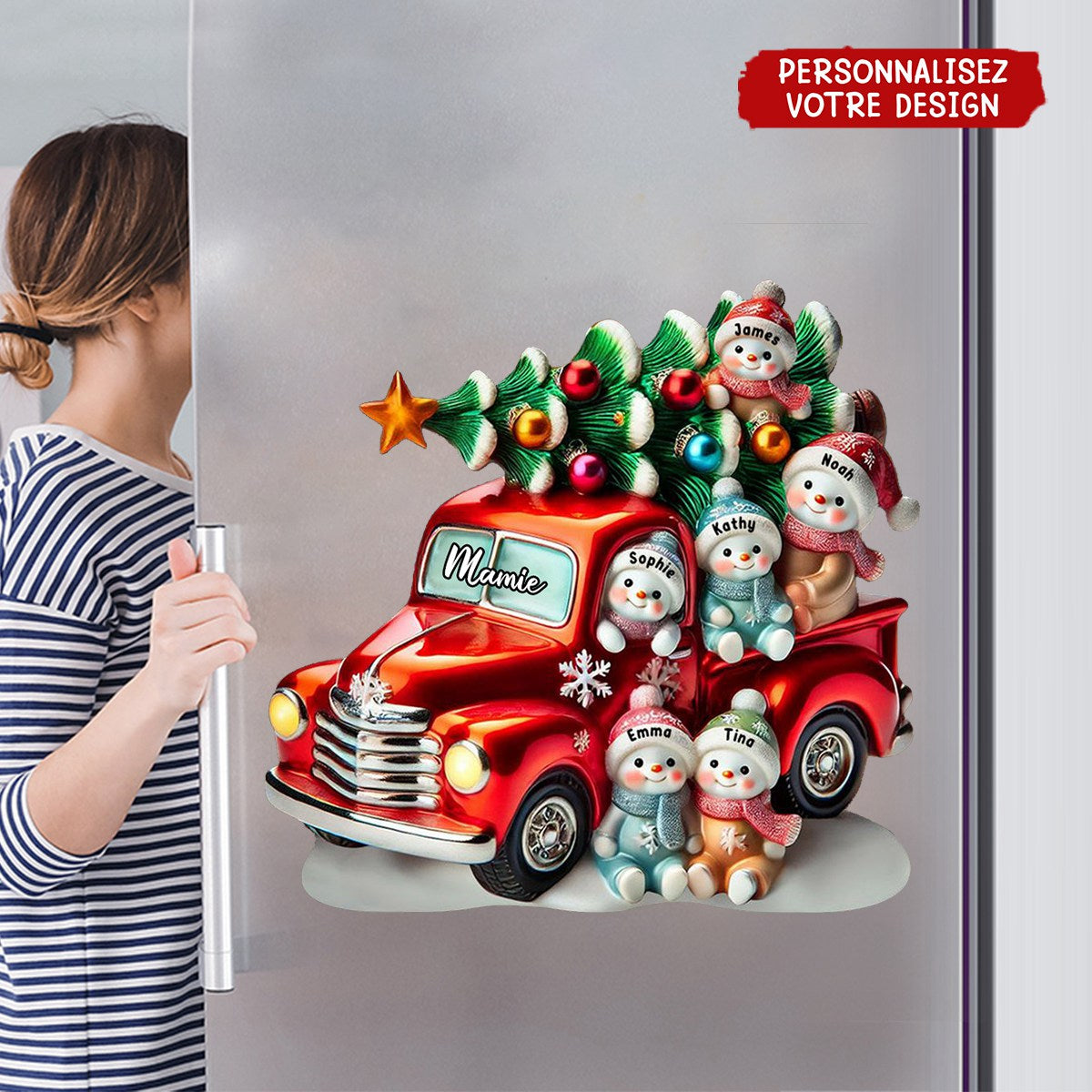 Aimant de Réfrigérateur de Noël Personnalisé – Camion Rouge avec Bonhommes de Neige et Prénoms