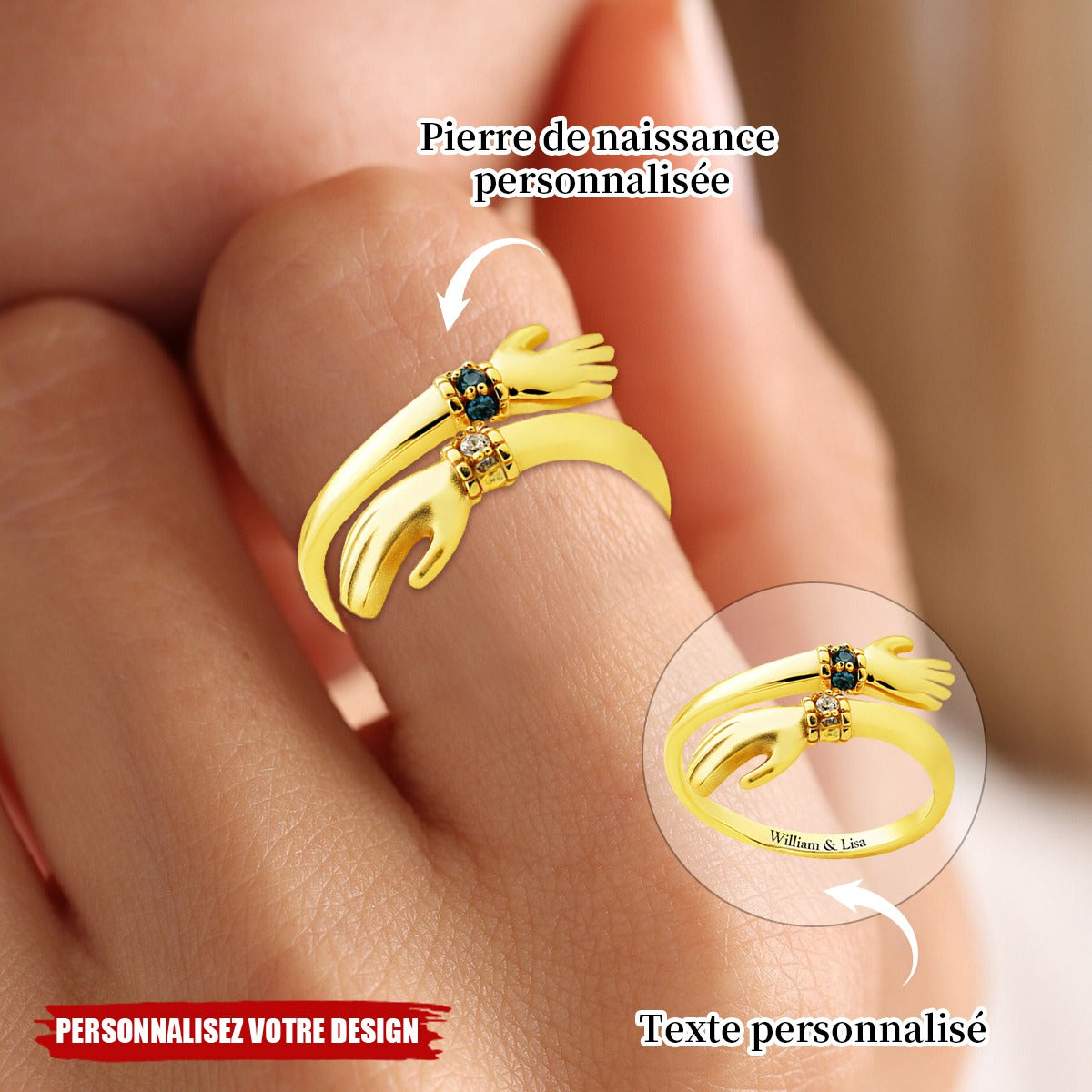 Bague Enlacée Personnalisée avec Pierres de Naissance et Texte Gravé