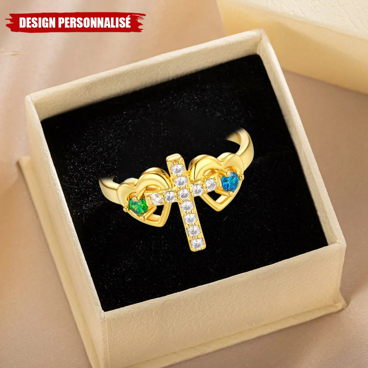 Bague Croix Personnalisée avec Pierre de Naissance – Bijou Chrétien Élégant pour Femmes