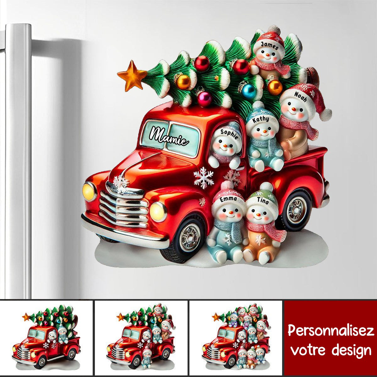 Aimant de Réfrigérateur de Noël Personnalisé – Camion Rouge avec Bonhommes de Neige et Prénoms