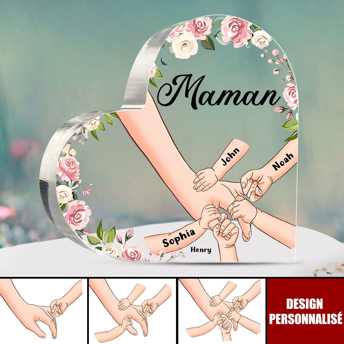 Cadeau Personnalisé en Acrylique en Forme de Cœur pour Maman/Mamie – Gravé avec les Noms des Enfants