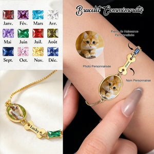 Bracelet commémoratif personnalisé avec photo d’animal - Nom & Pierre de Naissance