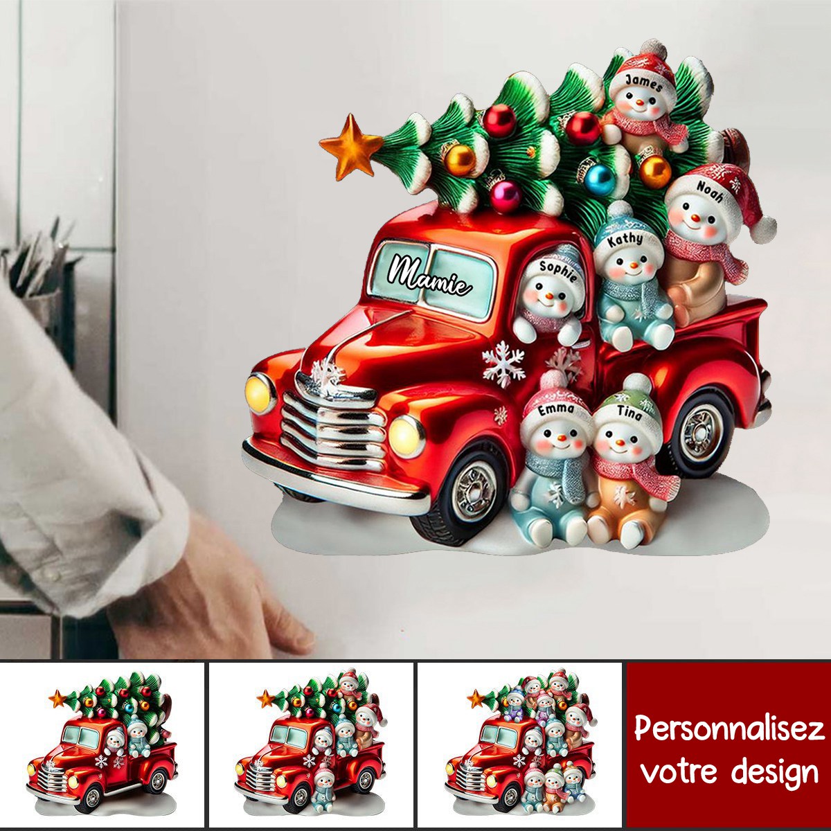 Aimant de Réfrigérateur de Noël Personnalisé – Camion Rouge avec Bonhommes de Neige et Prénoms