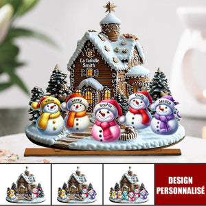 Plaque en Bois de Noël Personnalisée-Famille Bonhommes de Neige Devant une Maison