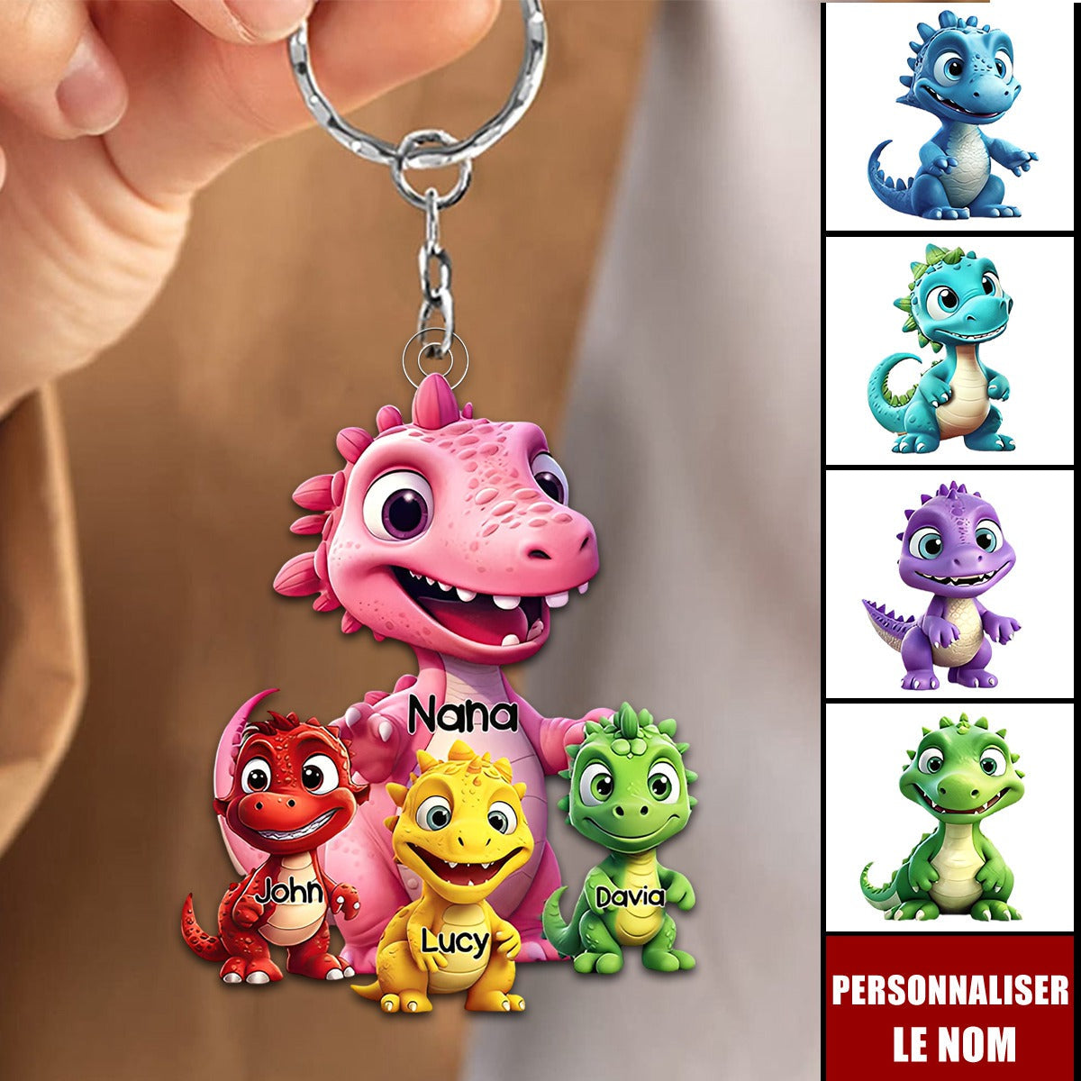 Porte-clés Dinosaures Personnalisé – Cadeau Original pour Mamie ou Maman avec Prénoms des Petits-Enfants