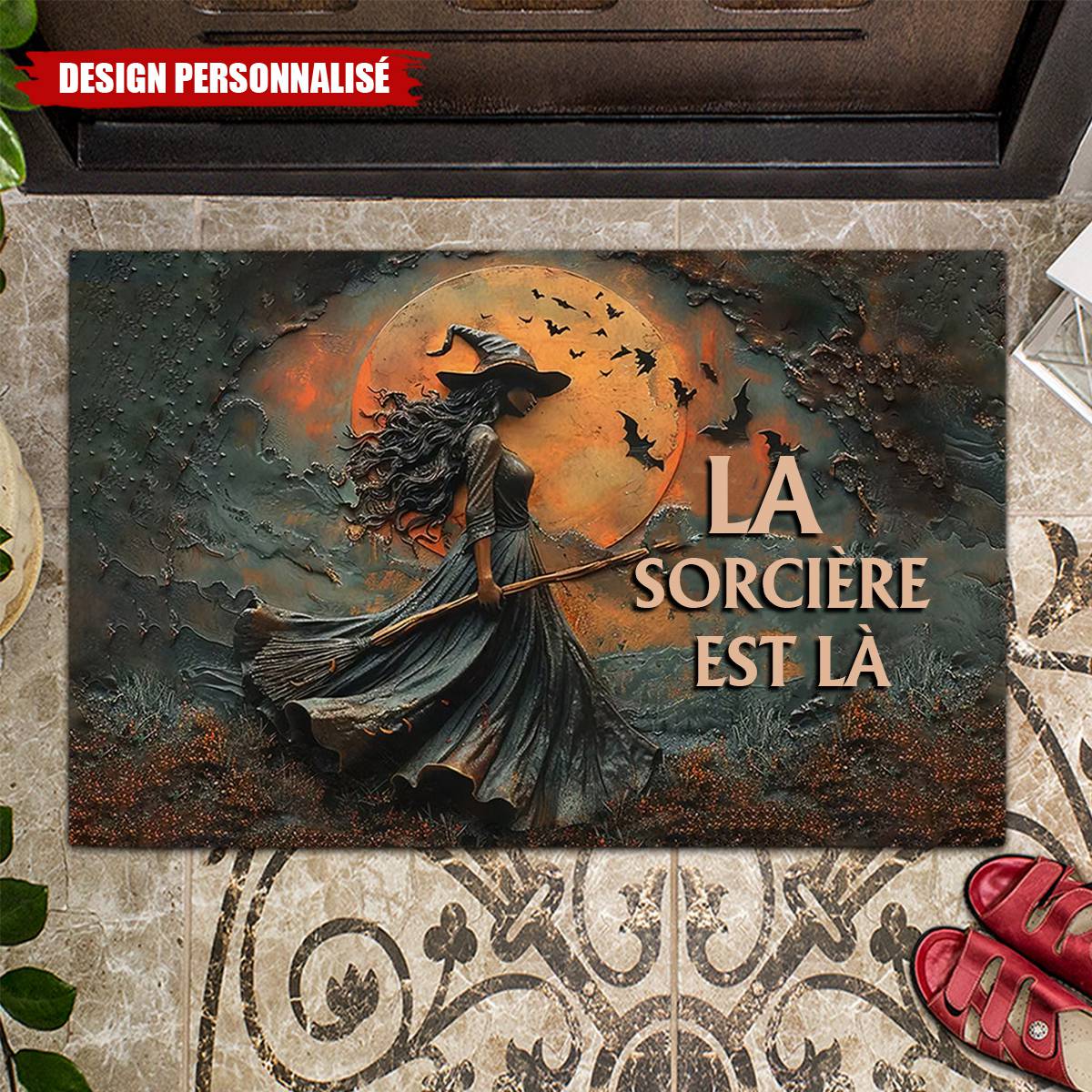 Tapis d’Entrée Halloween Personnalisé – La Sorcière Est Là