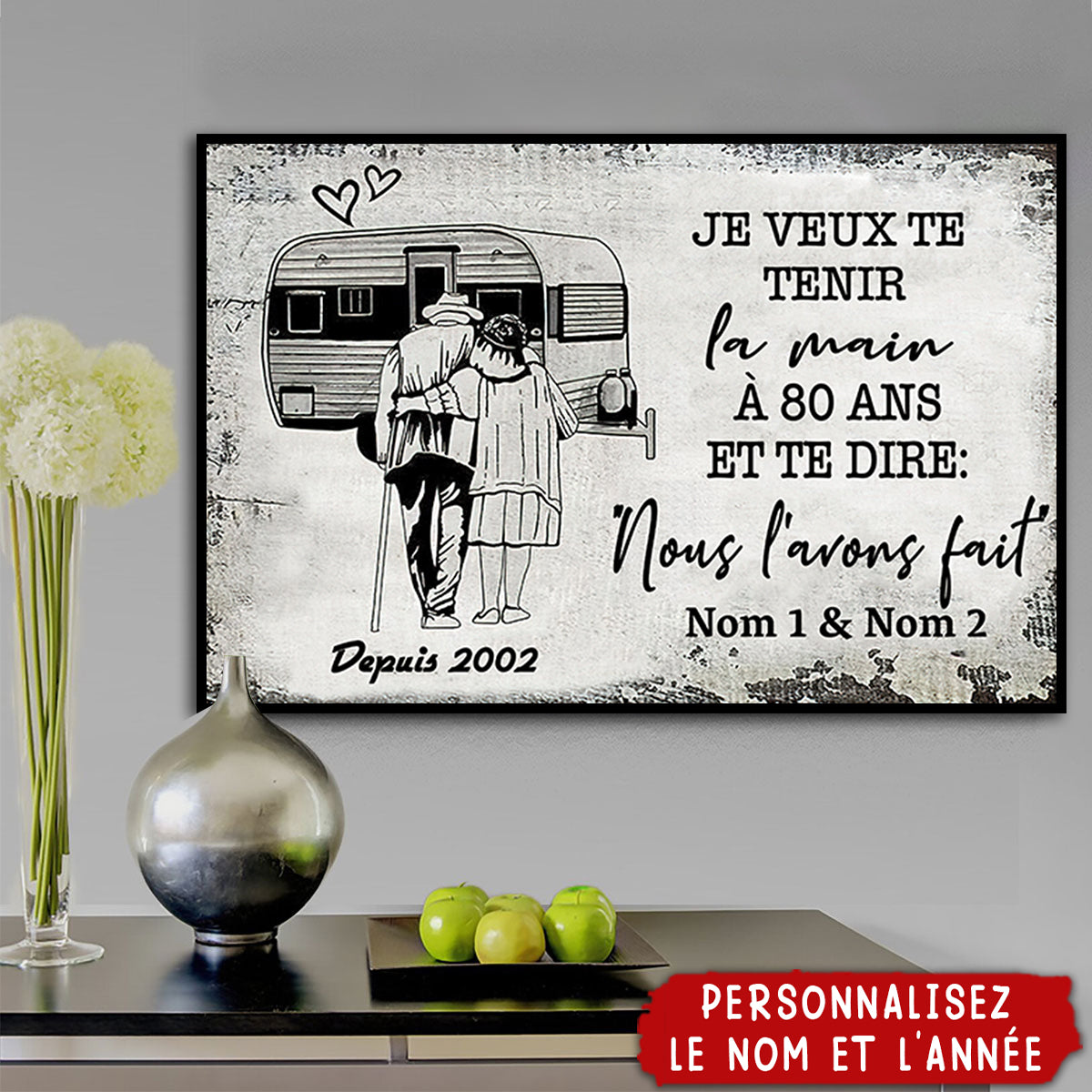 Affiche Couple Personnalisée – “Je veux te tenir la main à 80 ans” – Style Vintage Camping-Car