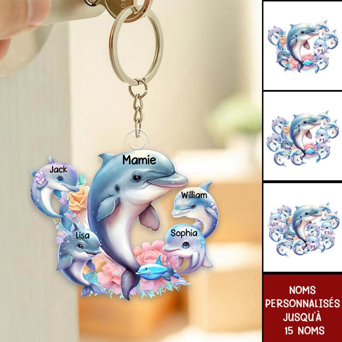 Porte-clés Personnalisé Famille Dauphin – Cadeau Adorable pour Mamie avec Prénoms des Petits-Enfants