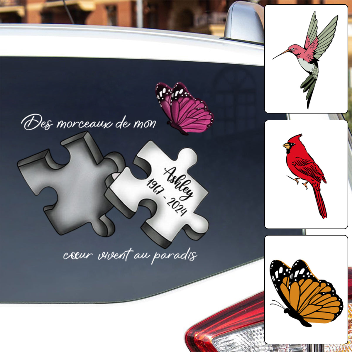 Autocollant Commémoratif Personnalisé pour Voiture – Pièce de Puzzle avec Nom, Dates et Papillon