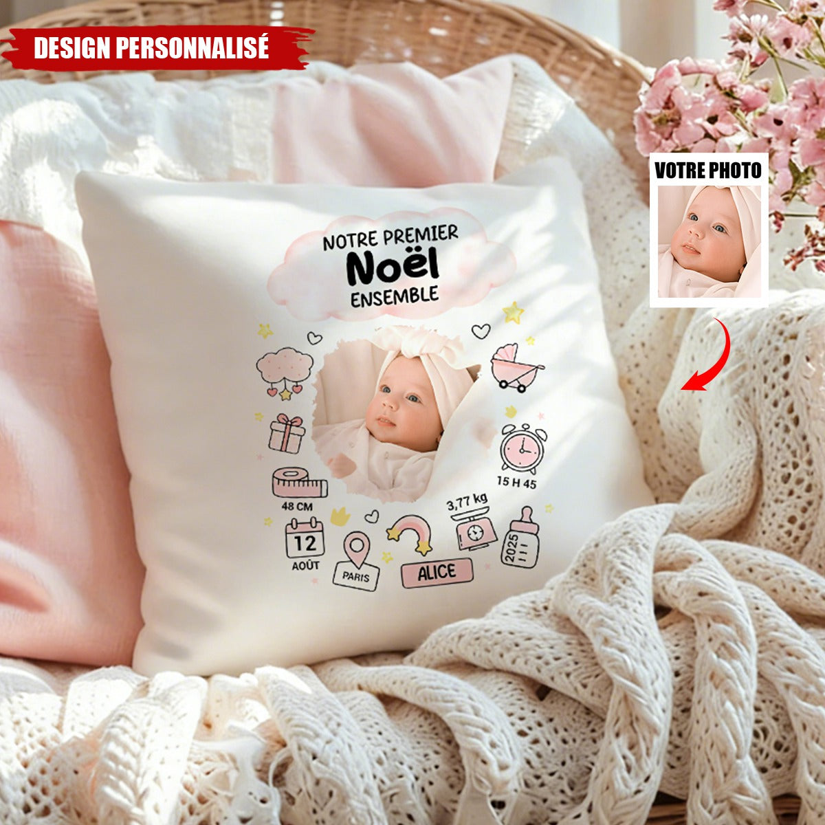 Coussin Bébé Personnalisé – Souvenir de Naissance & Premier Noël