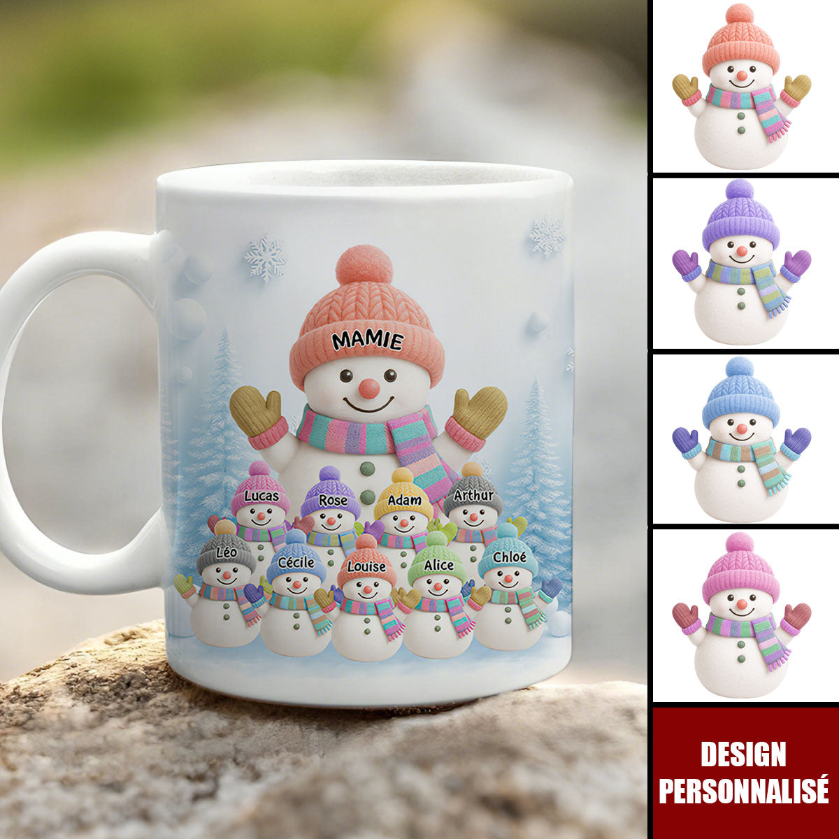 Mug Noël Personnalisé avec Prénoms – Famille de Bonshommes de Neige