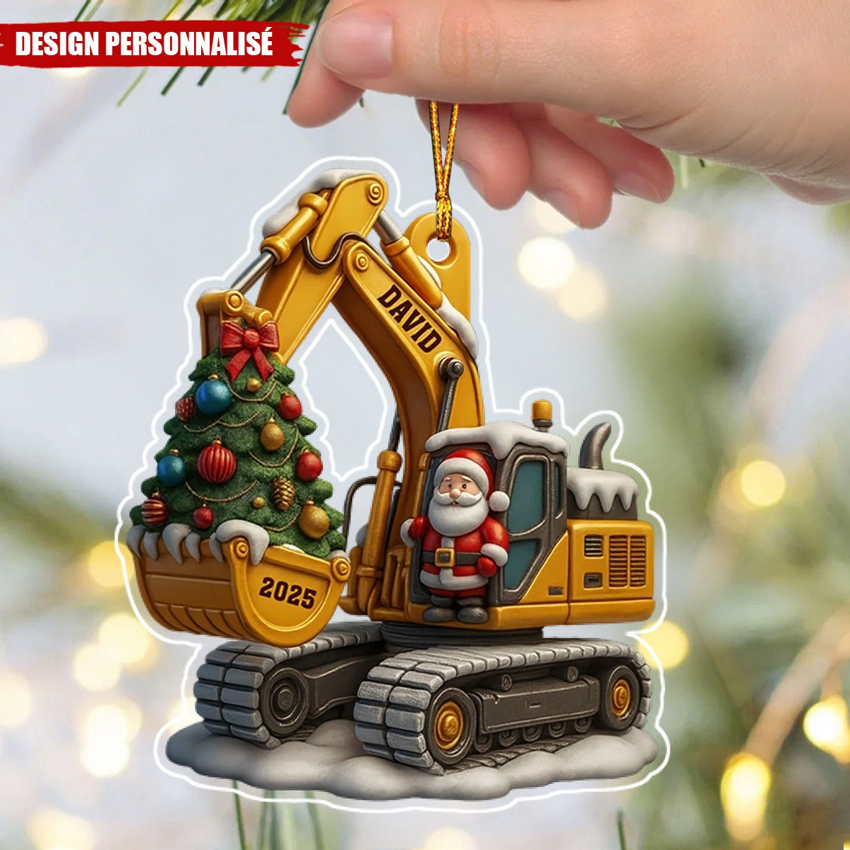 Décoration de Noël en Acrylique Personnalisée - Pelleteuse avec Sapin et Père Noël