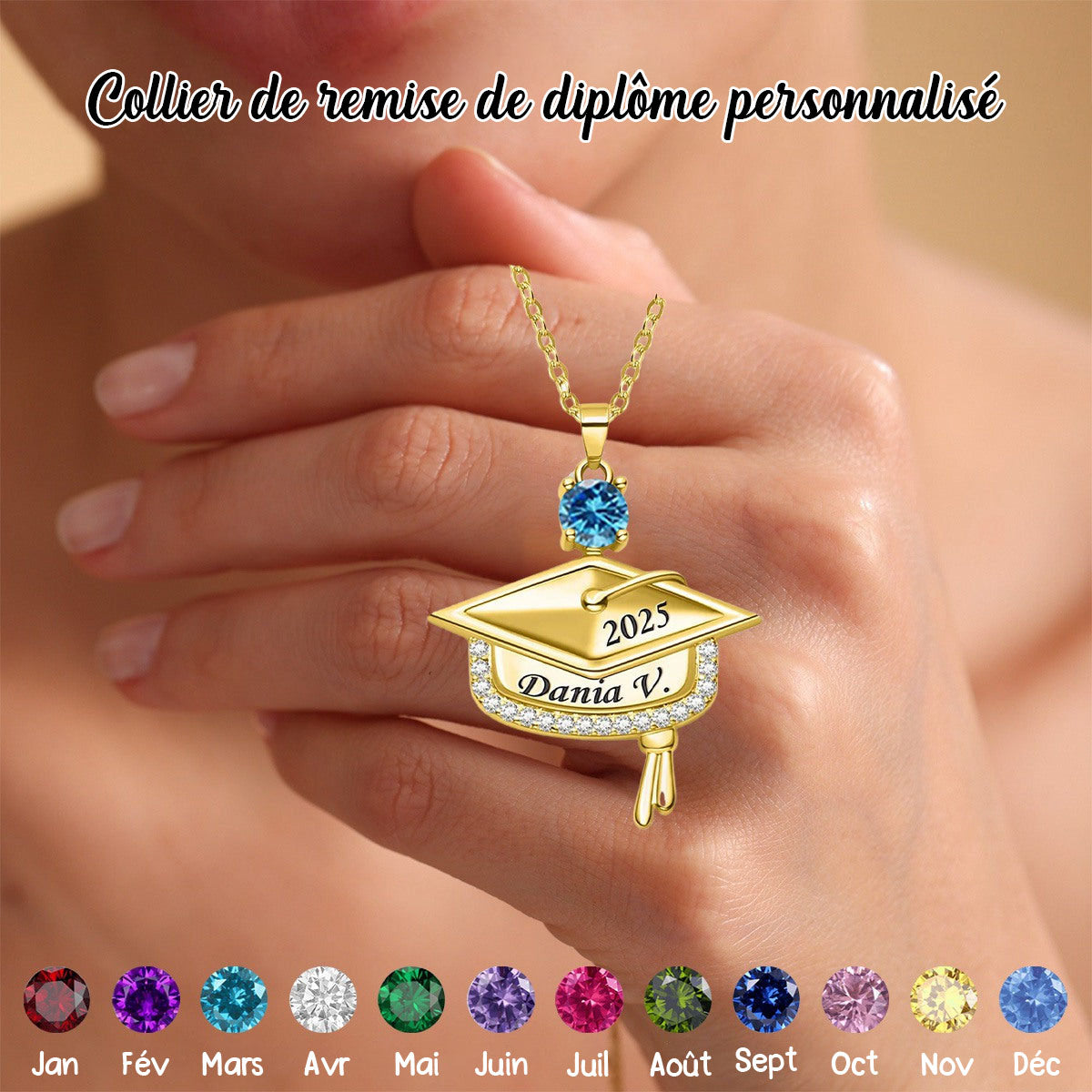 Collier Personnalisé de Remise de Diplôme avec Pierre de Naissance – Cadeau Mémorable
