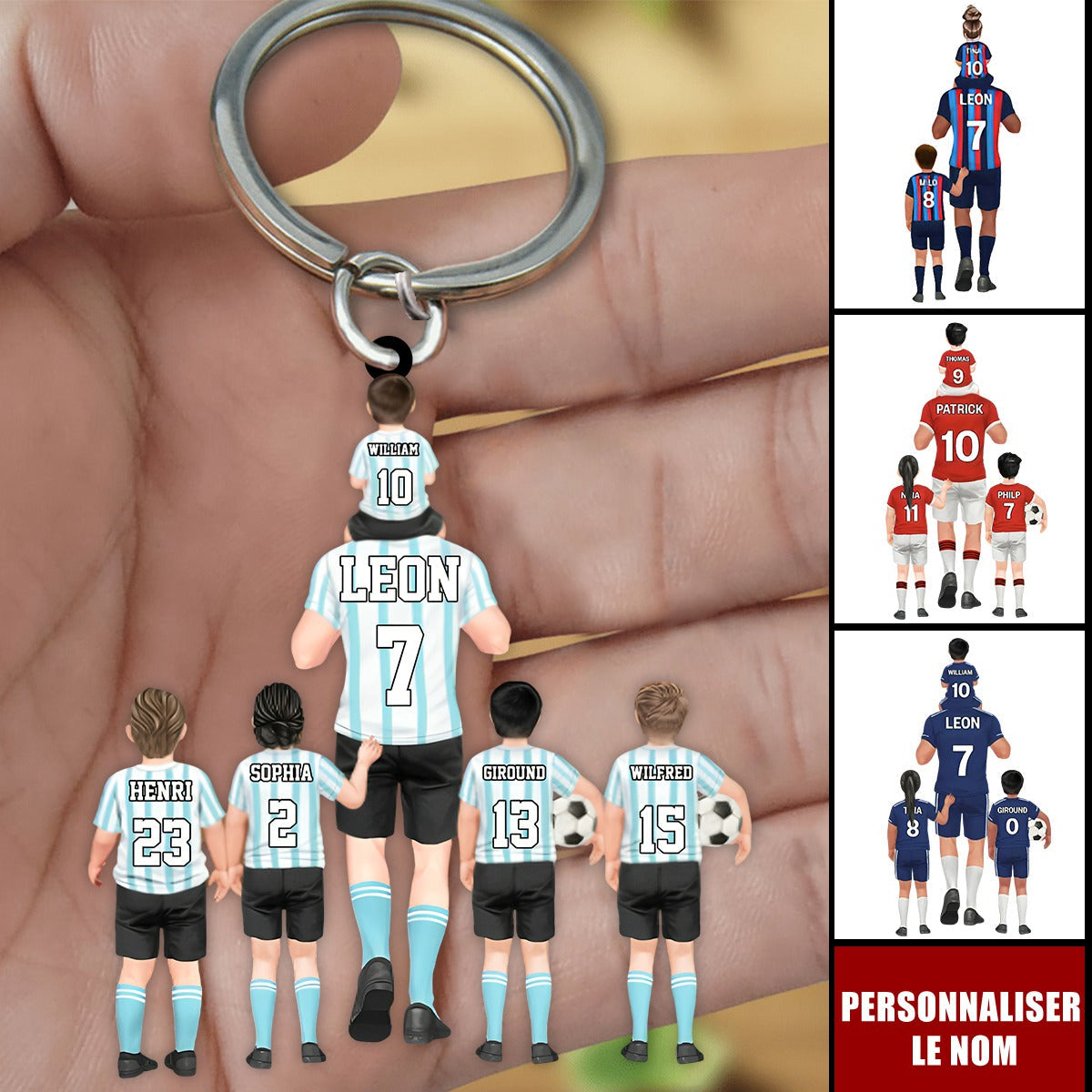 Porte-clés Équipe de Football Personnalisé – Papa et Enfants avec Prénoms et Numéros