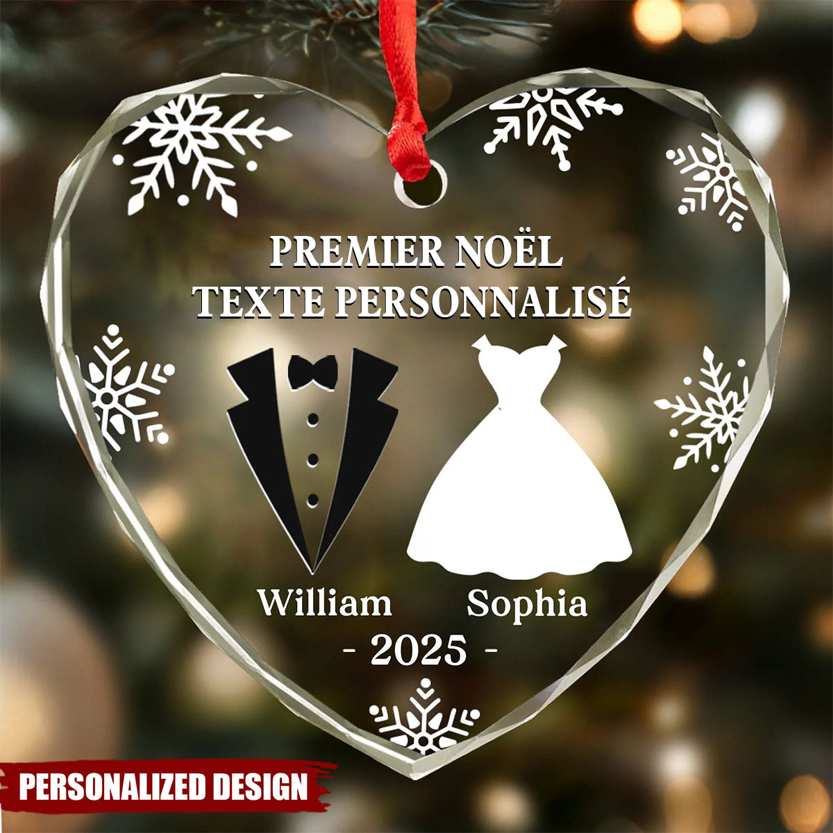 Ornement en Verre en Forme de Cœur Personnalisé - Premier Noël Mariés