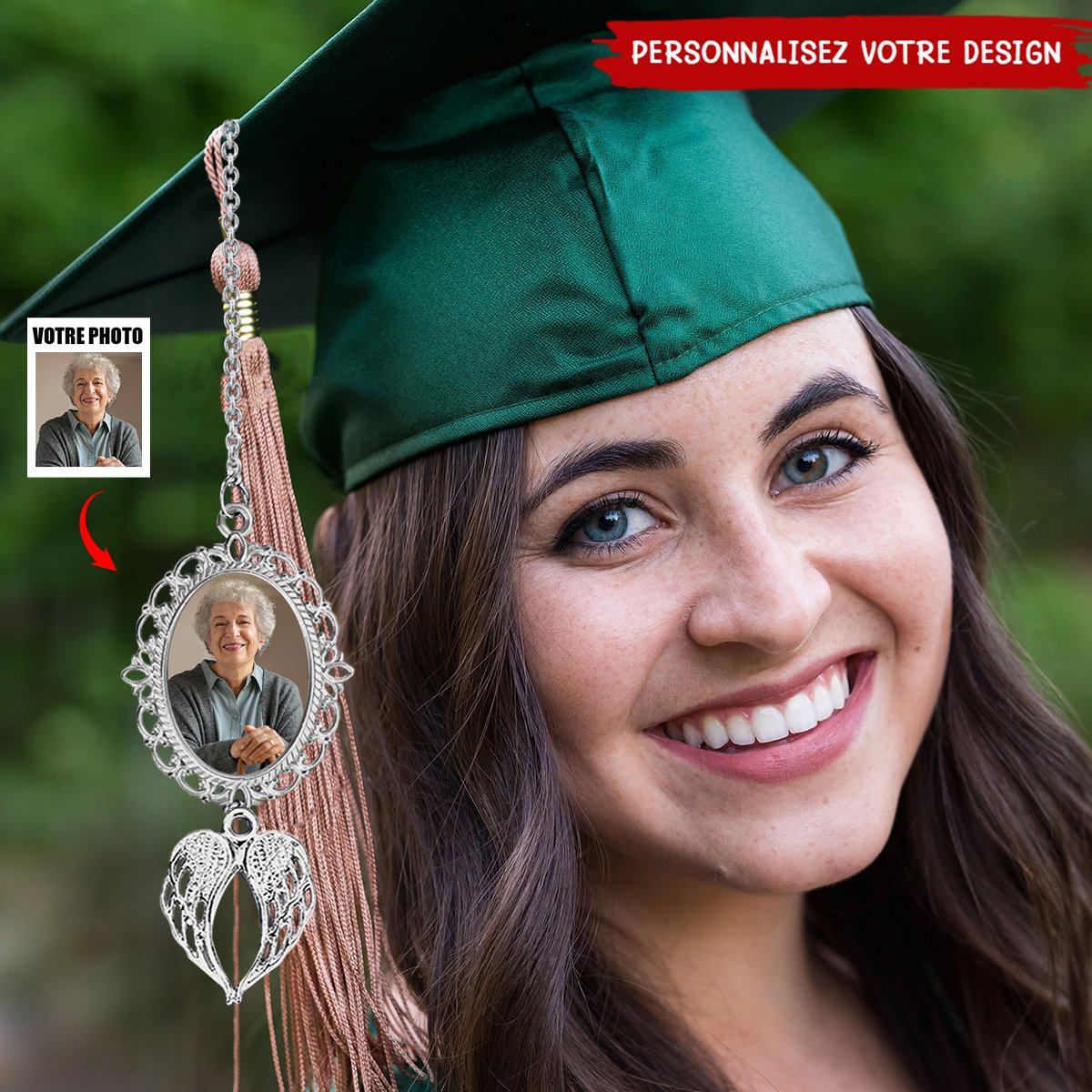 Pendentif photo de frange de graduation personnalisé avec ailes d'ange