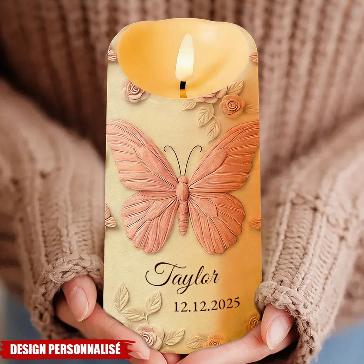 Bougie LED Personnalisée aux Papillons et Roses - Cadeau en Mémoire