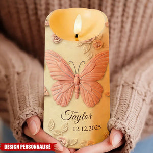 Bougie LED Personnalisée aux Papillons et Roses - Cadeau en Mémoire