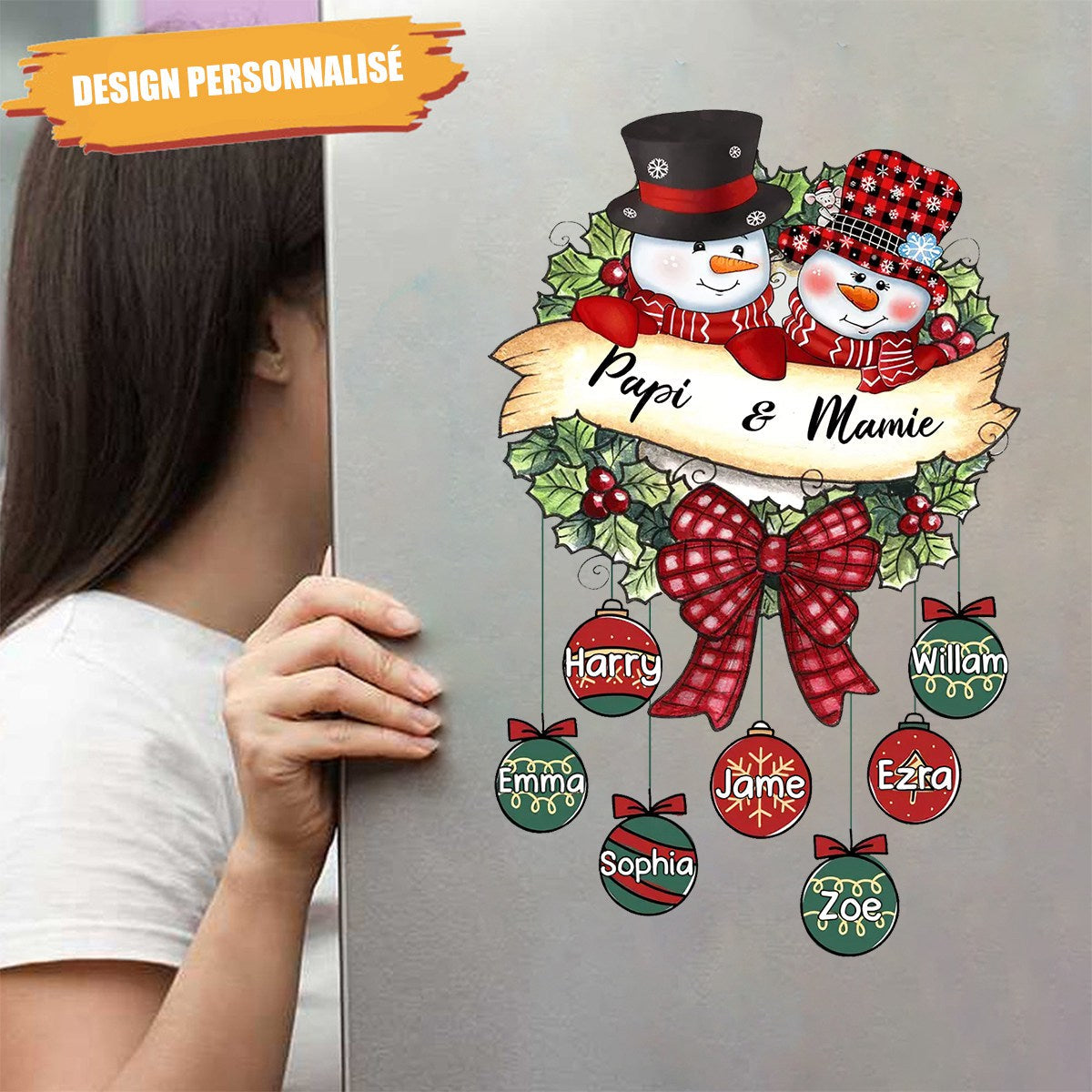 Autocollant Personnalisé de Noël  – Famille Bonhommes de Neige avec Prénoms