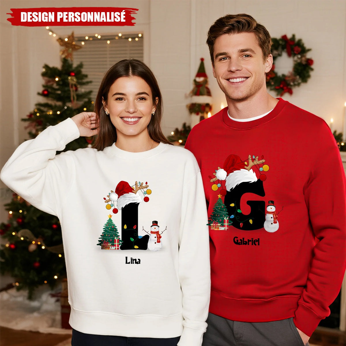 Sweat de Noël Personnalisé à Col Rond – Cadeau Unique pour Famille ou Couple