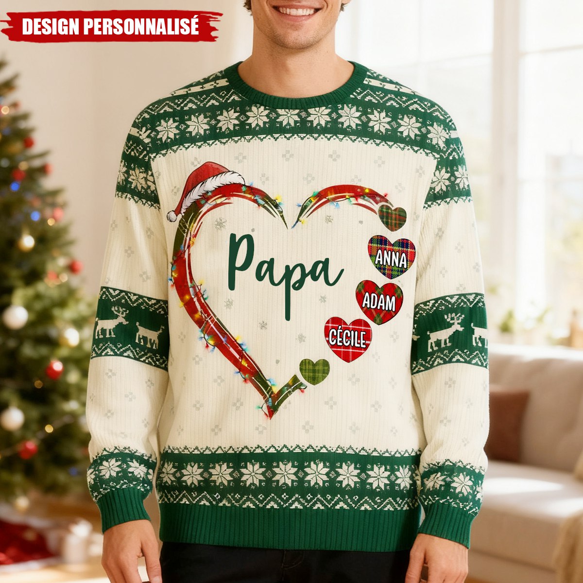 Pull de Noël Personnalisé – Design en Cœur avec Prénoms